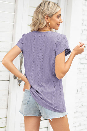 Lavender eyelet flutter sleeve top with breathable fabric and short sleeves.