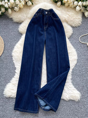 Dark wash denim maternity jeans with a high rise and wide leg cut.
