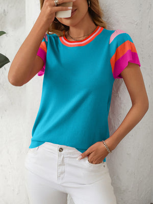 Colorblock knit top in sky blue with flutter sleeves and striped neckline.