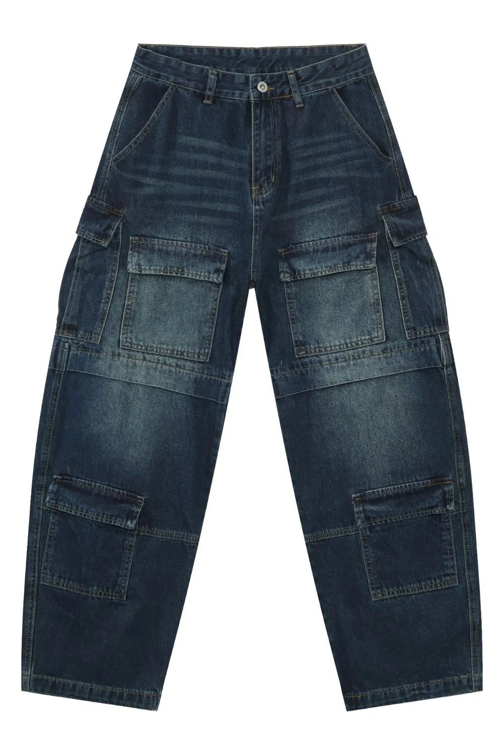 Dark denim cargo pants with layered pockets and a relaxed fit.