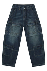 Dark denim cargo pants with layered pockets and a relaxed fit.