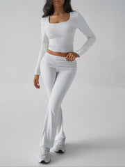 Light gray long sleeve square neck crop top and flared lounge pants set