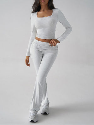 Light gray long sleeve square neck crop top and flared lounge pants set