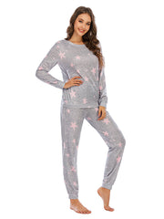 Heather Gray knit loungewear set with pink stars, long sleeves, crew neck, and jogger pants.
