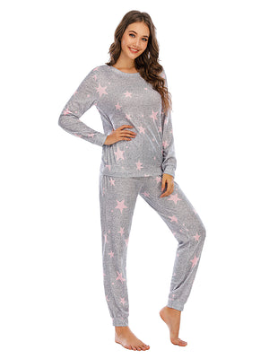 Heather Gray knit loungewear set with pink stars, long sleeves, crew neck, and jogger pants.