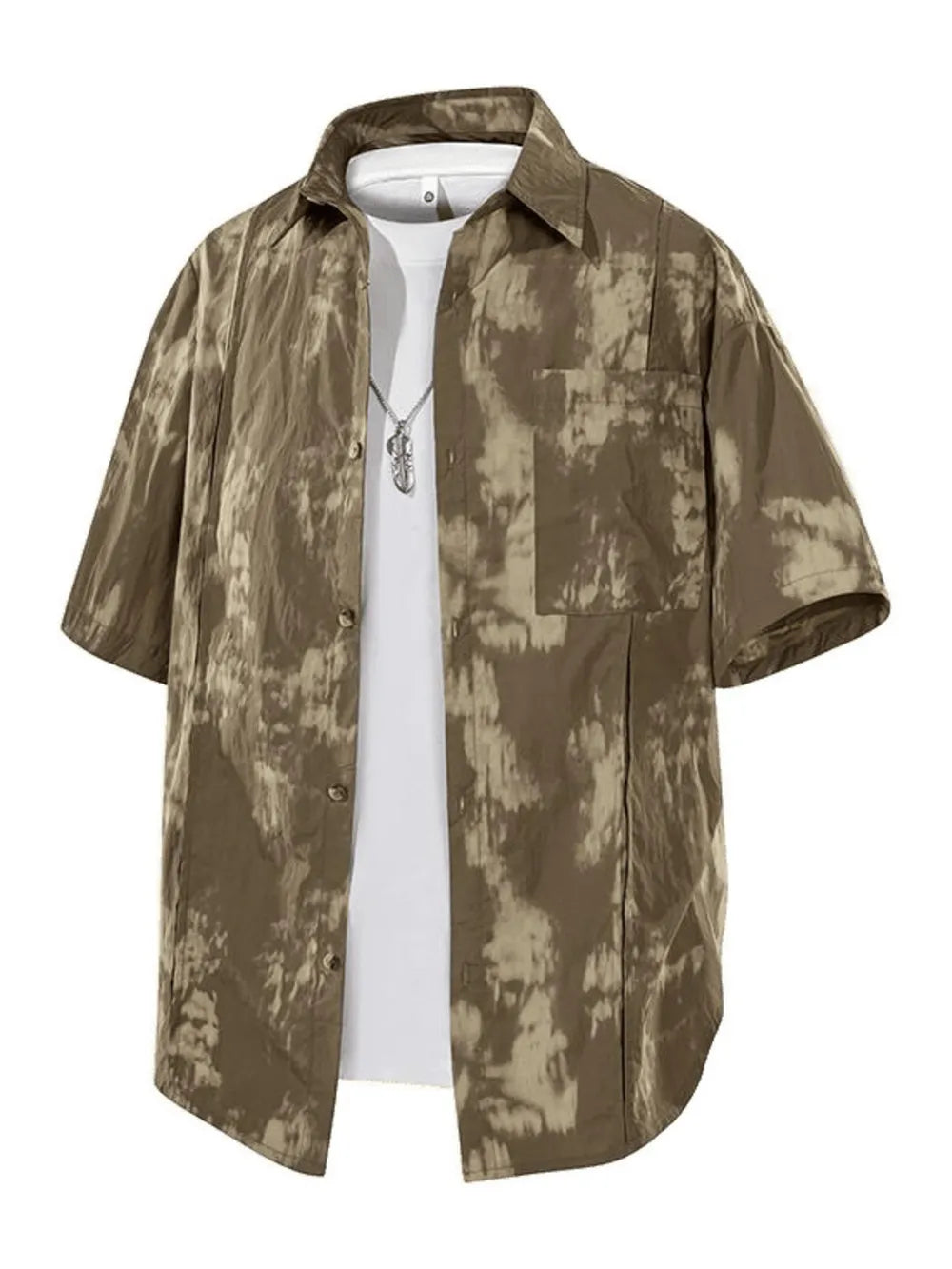 Men's Khaki tie-dye print casual shirt with short sleeves and button front.