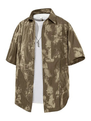 Men's Khaki tie-dye print casual shirt with short sleeves and button front.