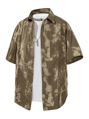 Men's Khaki tie-dye print casual shirt with short sleeves and button front.