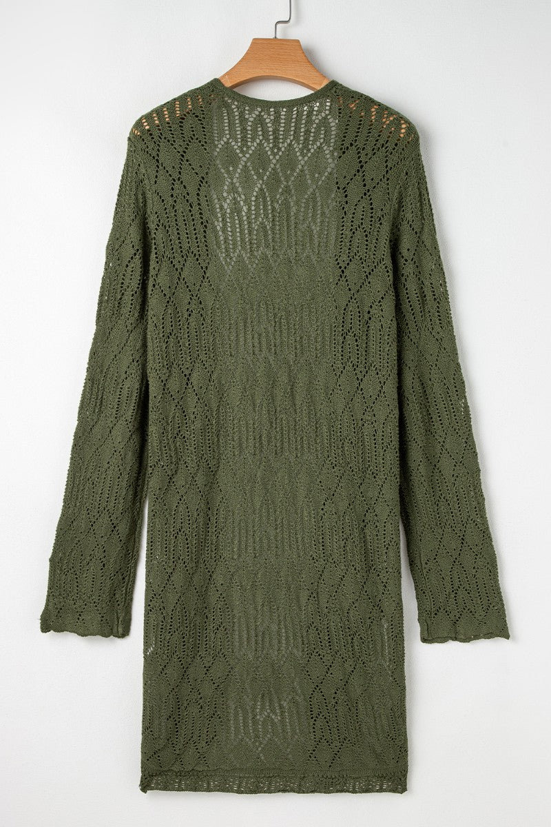 Openwork maxi cardigan in army green acrylic with a diamond pattern and long sleeves.