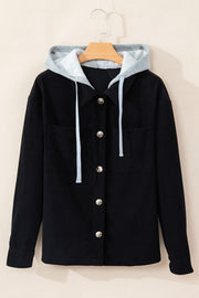 Black corduroy shirt jacket with contrast gray hood and light blue drawstrings.