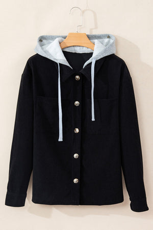 Black corduroy shirt jacket with contrast gray hood and light blue drawstrings.