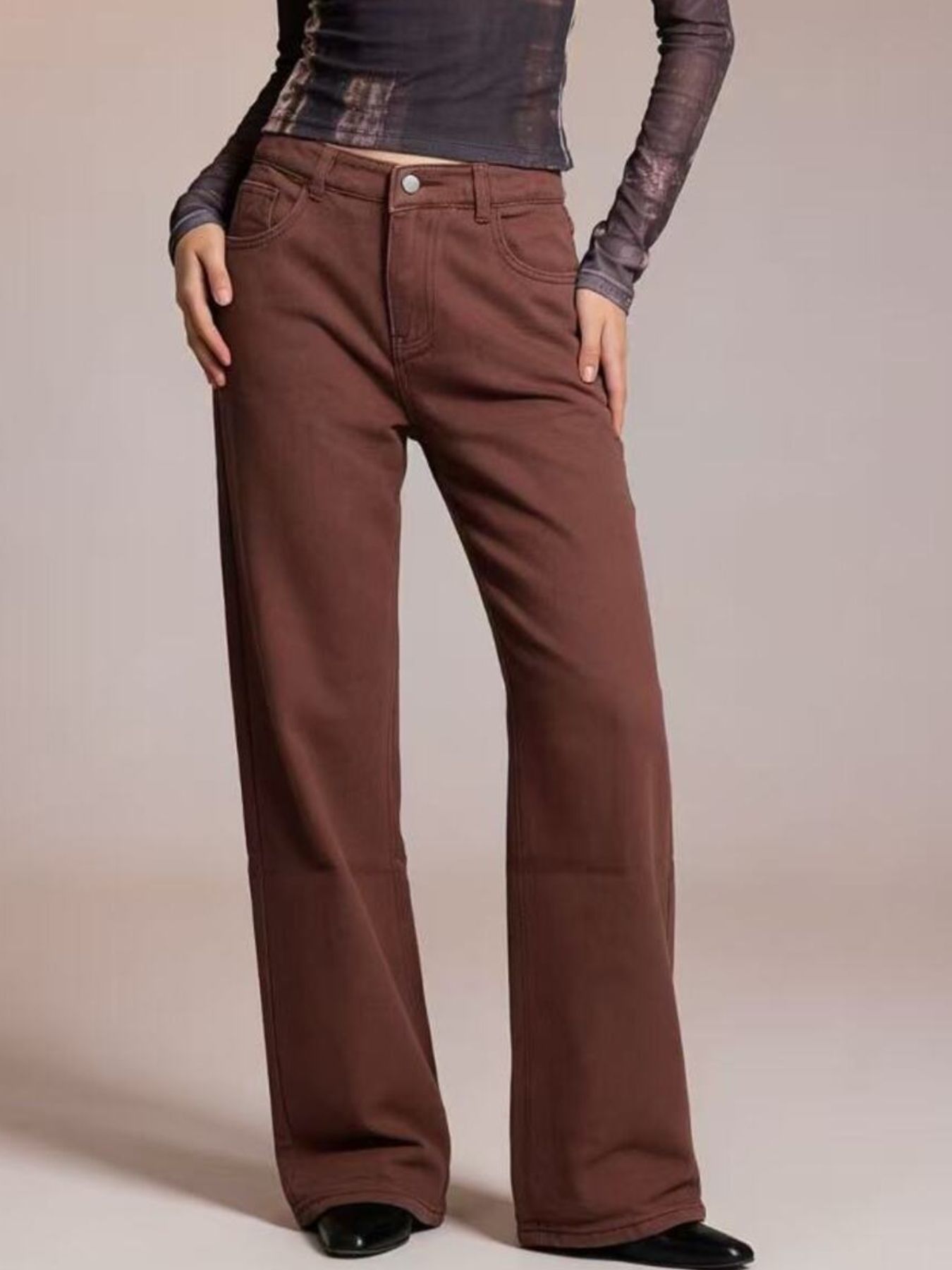 Brown cotton blend maternity jeans with high waist and wide leg