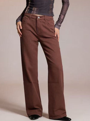 Brown cotton blend maternity jeans with high waist and wide leg