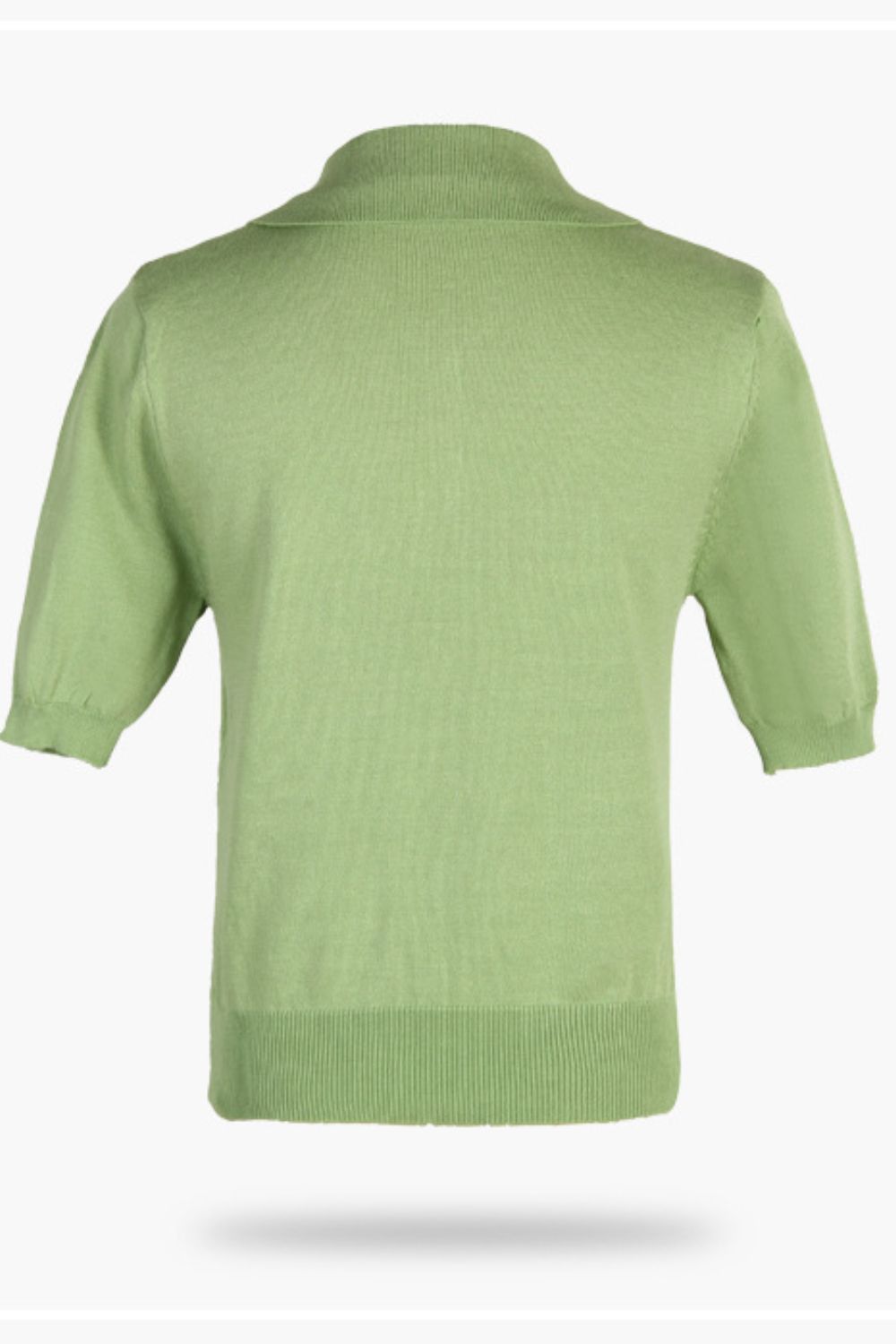Light green button-down knit polo top with short sleeves and ribbed hem.