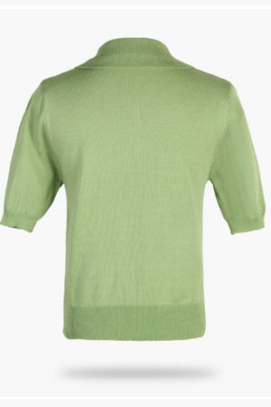 Light green button-down knit polo top with short sleeves and ribbed hem.