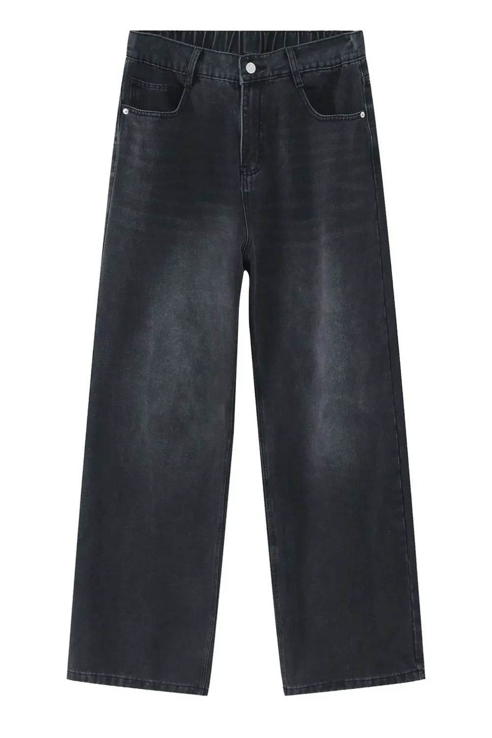 Wide-leg jeans in dark gray denim with a relaxed fit and elastic waistband.