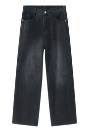 Wide-leg jeans in dark gray denim with a relaxed fit and elastic waistband.