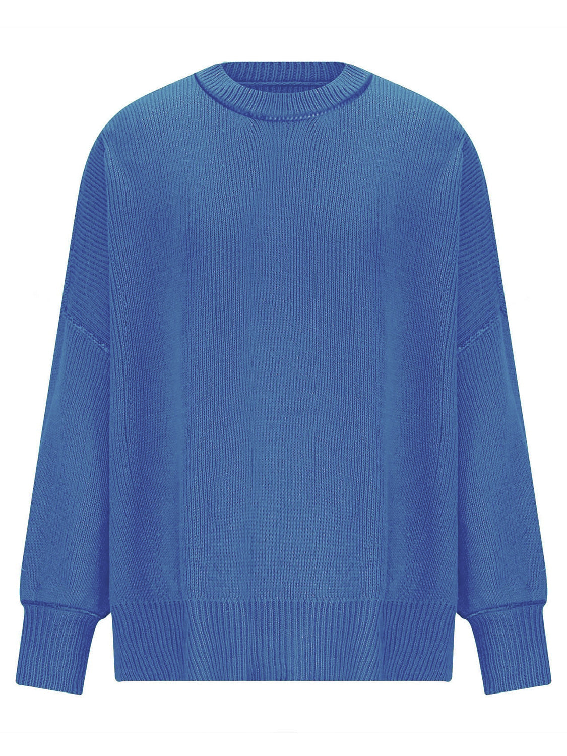 Oversized royal blue ribbed knit sweater with drop shoulders and crew neck.