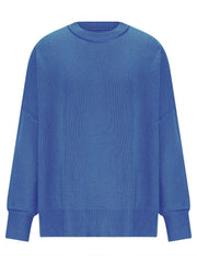 Oversized royal blue ribbed knit sweater with drop shoulders and crew neck.