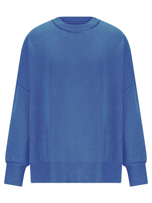 Oversized royal blue ribbed knit sweater with drop shoulders and crew neck.