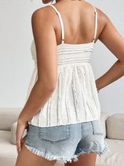 White textured sweetheart neck cami top with smocked bodice and tiered fringe hem.