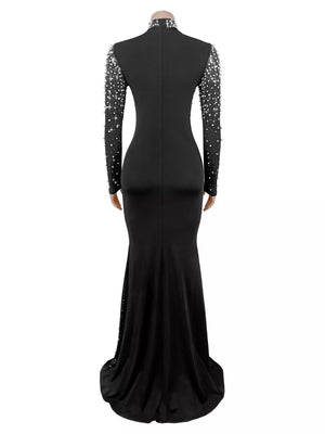 glam formal gown in Burgundy with mock neck