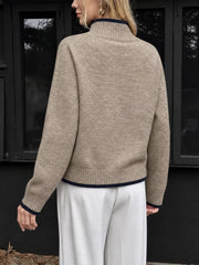 Cozy Mock Neck Sweater With Contrast Trim in Khaki, fabric detail