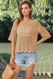 Khaki open-knit blouse with scalloped hem and sleeves, boat neck, and relaxed fit.