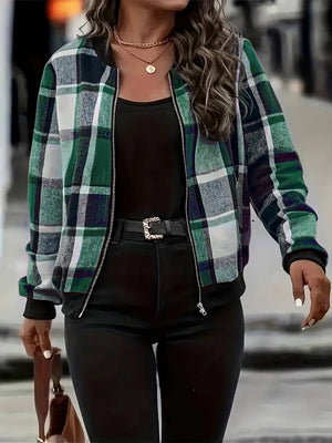 Green plaid bomber jacket with ribbed cuffs and zipper detail.