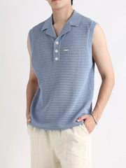 Blue knit polo collar tank top with button placket and open weave texture.