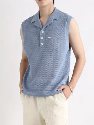 Blue knit polo collar tank top with button placket and open weave texture.