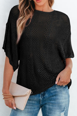 Black open-knit chevron sleeve top with a relaxed fit.