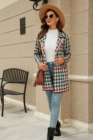 Grid-print knit blazer coat in white, green, and red houndstooth with a relaxed fit.