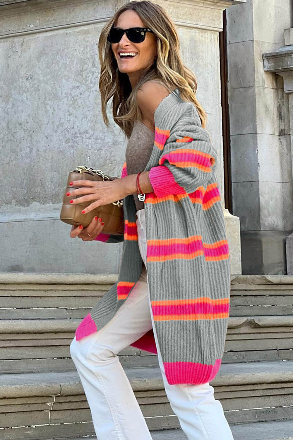 Colorblock stripe open cardigan in gray with pink and orange stripes, acrylic knit, long sleeves