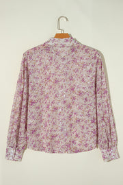 Sequin floral print blouse in dusty pink with button cuffs.