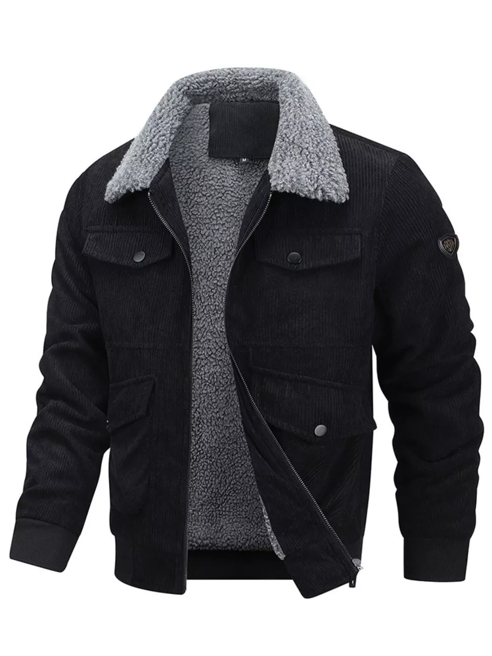Black corduroy bomber jacket with sherpa lining and collar, button-down pockets.