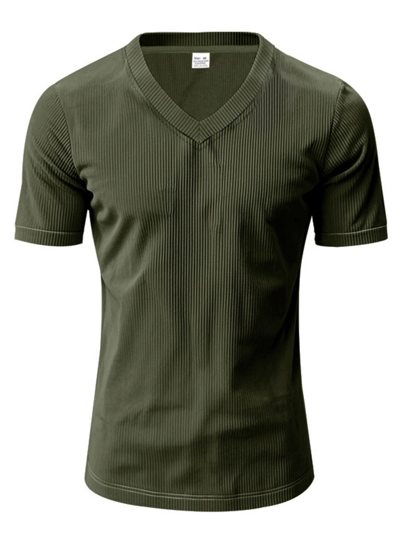 Military green ribbed V-neck t-shirt with short sleeves