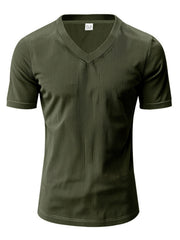 Military green ribbed V-neck t-shirt with short sleeves