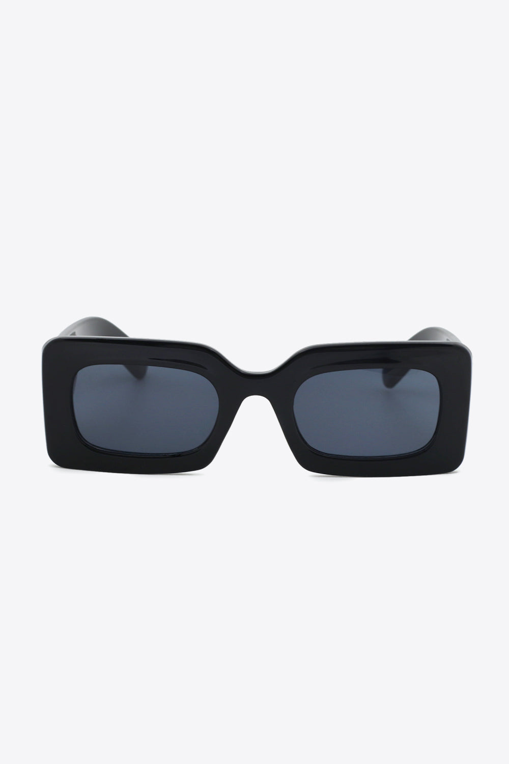 Black acetate rectangle sunglasses with dark lenses.