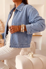 Studded Zipper Rivet Pockets Denim Jacket, back view