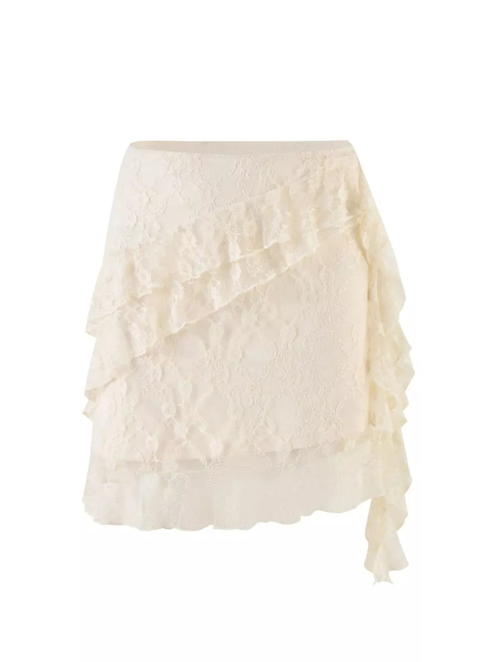 Cream lace ruffled mini skirt with asymmetrical hem and delicate tiers.