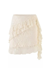 Cream lace ruffled mini skirt with asymmetrical hem and delicate tiers.