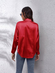 Deep Red satin button-up shirt with a relaxed fit and effortless drape.