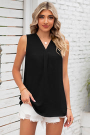 Black sleeveless textured blouse with V-neck and pleated front detail