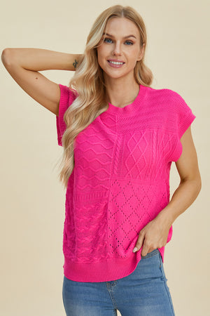 Hot Pink textured knit patchwork sleeveless top with mixed stitch patterns and a crew neck.