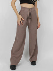 Luxe ribbed knit palazzo trousers in taupe with drawstring waist and wide leg