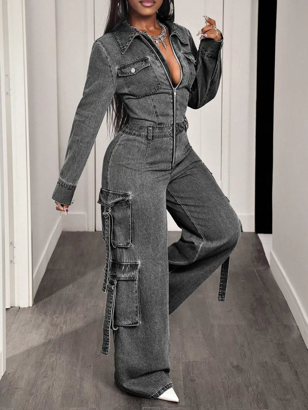 Zip Front Wide Leg Cargo Denim Jumpsuit, close-up detail