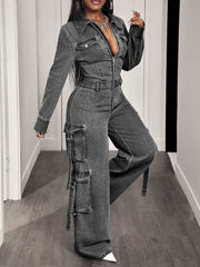 Zip Front Wide Leg Cargo Denim Jumpsuit, close-up detail