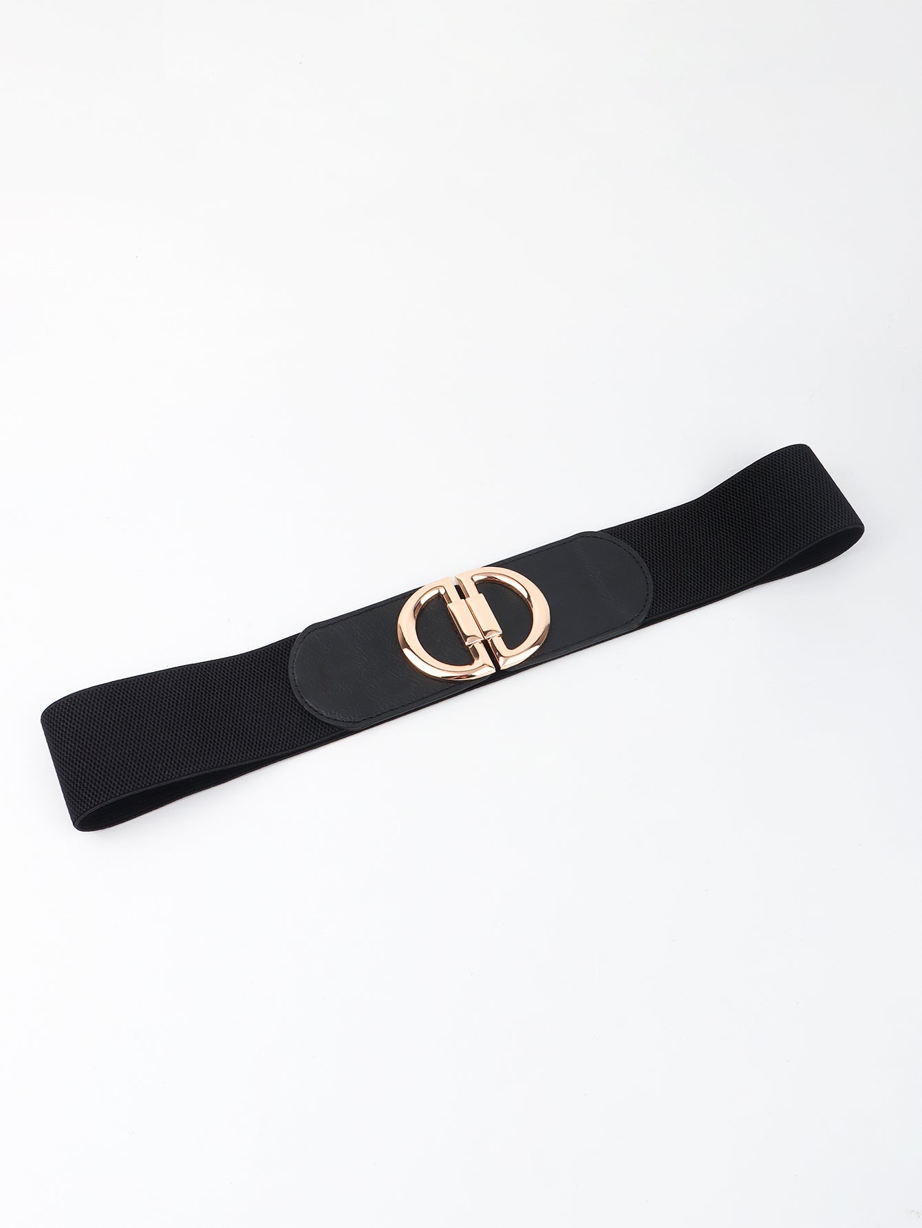 Black elastic belt with double D gold buckle and faux leather detail