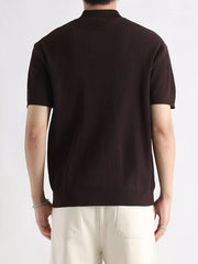 Men's dark brown ribbed knit mock neck short sleeve t-shirt